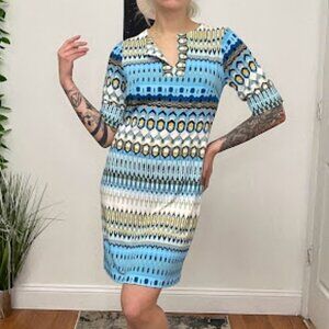 Donna Morgan Geometric Short Sleeve V-Neck Shift Dress Size 2 Blue